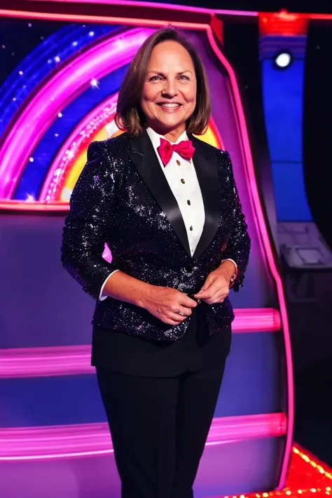 deb fischer <lora:senate_053_deb_fischer:0.65> , face closeup, face focus, shirt, formal, suit, collared shirt, white shirt, jacket,
Dressed in a flashy game show host outfit with a bow tie and sparkly jacket, standing on a game show set, spinning a large prize wheel,
best quality, masterpiece, HDR, professional, studio quality, highres,