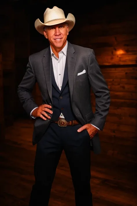 thom tillis <lora:senate_065_thom_tillis:0.65> , face closeup, face focus, shirt, formal, suit, collared shirt, white shirt, jacket,
Dressed in cowboy attire with a ten-gallon hat and cowboy boots, standing in front of a Western saloon, lasso or branding iron,
best quality, masterpiece, HDR, professional, studio quality, highres,