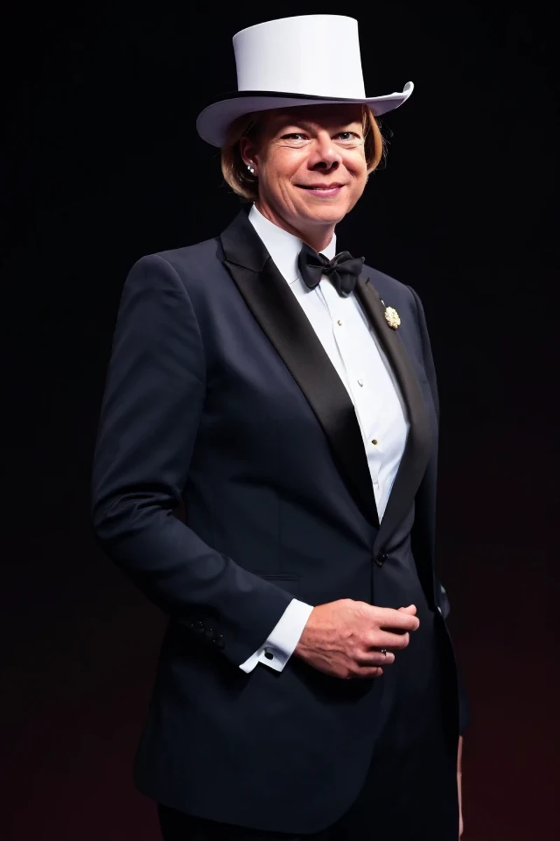 tammy baldwin <lora:senate_098_tammy_baldwin:0.65> , face closeup, face focus, shirt, formal, suit, collared shirt, white shirt, jacket,
Dressed in a magician's outfit with a top hat, standing in front of a stage, rabbit out of a hat,
best quality, masterpiece, HDR, professional, studio quality, highres,