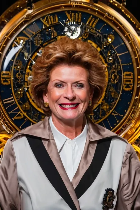debbie stabenow <lora:senate_043_debbie_stabenow:0.65> , face closeup, face focus, shirt, formal, suit, collared shirt, white shirt, jacket,
Dressed in a steampunk outfit,large clock or time machine device, set against a backdrop of a swirling vortex,
best quality, masterpiece, HDR, professional, studio quality, highres,