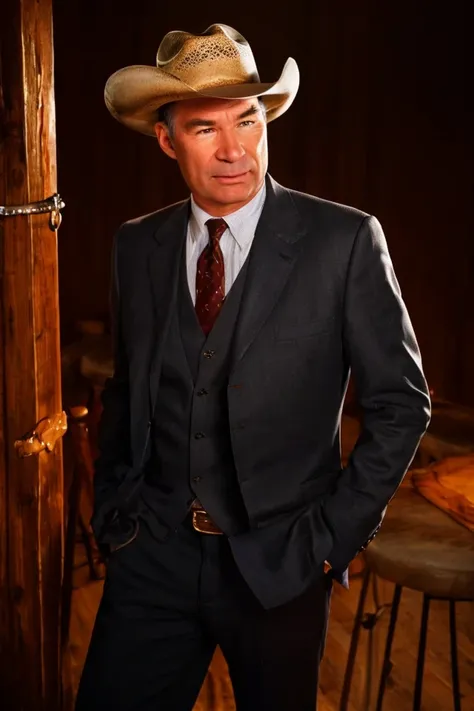 sheldon whitehouse <lora:senate_078_sheldon_whitehouse:0.65> , face closeup, face focus, shirt, formal, suit, collared shirt, white shirt, jacket,
Dressed in cowboy attire with a ten-gallon hat and cowboy boots, standing in front of a Western saloon, lasso or branding iron,
best quality, masterpiece, HDR, professional, studio quality, highres,