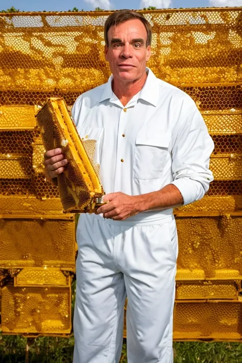 mark warner <lora:senate_091_mark_warner:0.65> , face closeup, face focus, shirt, formal, suit, collared shirt, white shirt, jacket,
Wearing a beekeeper suit, standing in an apiary with bee hives around, holding a giant honeycomb, "Honey Pot Funds",
best quality, masterpiece, HDR, professional, studio quality, highres,