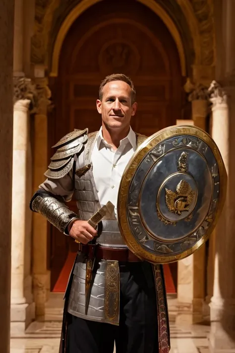 ted budd <lora:senate_066_ted_budd:0.65> , face closeup, face focus, shirt, formal, suit, collared shirt, white shirt, jacket,
Wearing gladiator armor, standing in a Roman-style coliseum, holding a sword and shield with the Senate emblem on it,
best quality, masterpiece, HDR, professional, studio quality, highres,