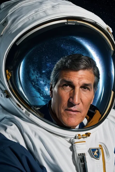 joe manchin <lora:senate_095_joe_manchin:0.65> , face closeup, face focus, shirt, formal, suit, collared shirt, white shirt, jacket,
Wearing a classic astronaut suit, floating in space with Earth visible in the background,
best quality, masterpiece, HDR, professional, studio quality, highres,