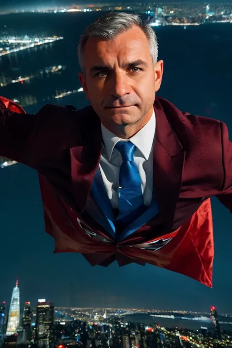 jack reed <lora:senate_077_jack_reed:0.65> , face closeup, face focus, shirt, formal, suit, collared shirt, white shirt, jacket,
Wearing a superhero costume with a giant "S" on the chest, flying above a city skyline with a cape flowing behind them,
best quality, masterpiece, HDR, professional, studio quality, highres,