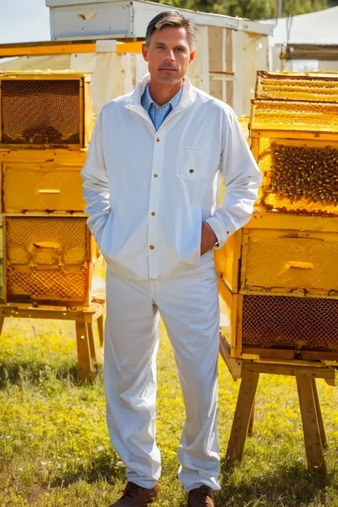 martin heinrich <lora:senate_061_martin_heinrich:0.65> , face closeup, face focus, shirt, formal, suit, collared shirt, white shirt, jacket,
Wearing a beekeeper suit, standing in an apiary with bee hives around, holding a giant honeycomb, "Honey Pot Funds",
best quality, masterpiece, HDR, professional, studio quality, highres,