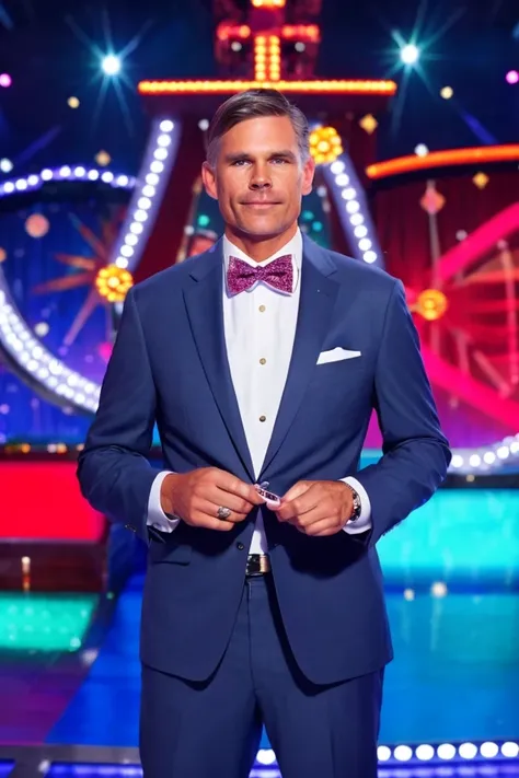 martin heinrich <lora:senate_061_martin_heinrich:0.65> , face closeup, face focus, shirt, formal, suit, collared shirt, white shirt, jacket,
Dressed in a flashy game show host outfit with a bow tie and sparkly jacket, standing on a game show set, spinning a large prize wheel,
best quality, masterpiece, HDR, professional, studio quality, highres,