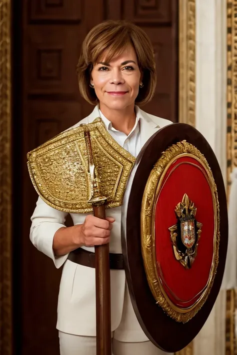 tina smith <lora:senate_046_tina_smith:0.65> , face closeup, face focus, shirt, formal, suit, collared shirt, white shirt, jacket,
Wearing gladiator armor, standing in a Roman-style coliseum, holding a sword and shield with the Senate emblem on it,
best quality, masterpiece, HDR, professional, studio quality, highres,