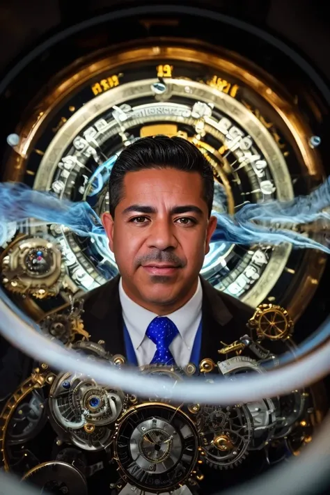 ben ray lujan <lora:senate_062_ben_ray_lujan:0.65> , face closeup, face focus, shirt, formal, suit, collared shirt, white shirt, jacket,
Dressed in a steampunk outfit,large clock or time machine device, set against a backdrop of a swirling vortex,
best quality, masterpiece, HDR, professional, studio quality, highres,