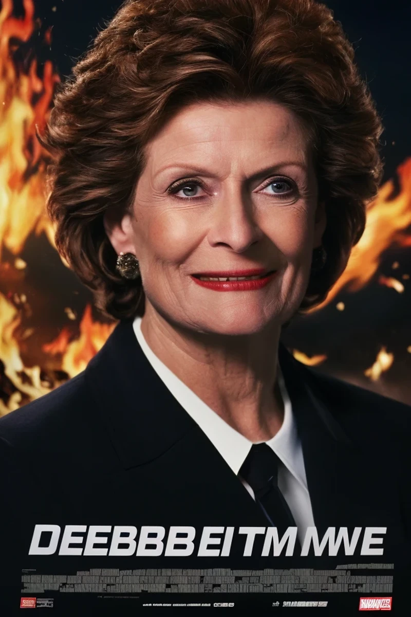 debbie stabenow <lora:senate_043_debbie_stabenow:0.65> , face closeup, face focus, shirt, formal, suit, collared shirt, white shirt, jacket,
explossion in the background, fire and smoke, movie poster,
best quality, masterpiece, HDR, professional, studio quality, highres,