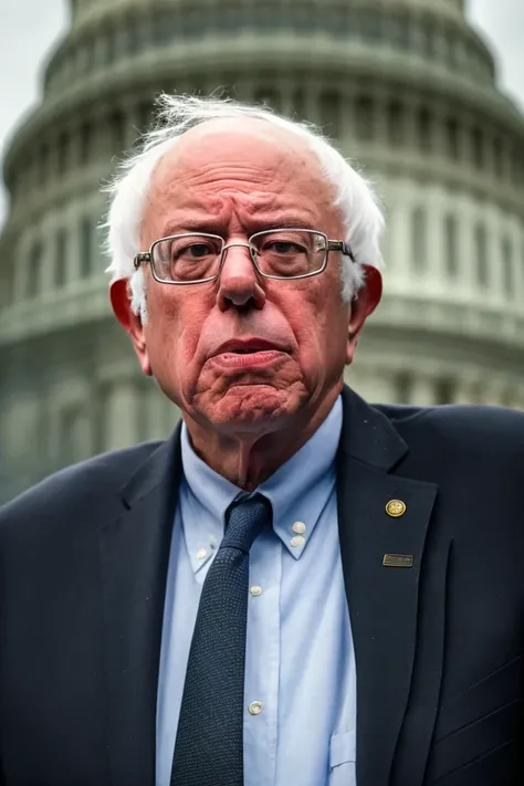 a photo of bernie sanders wearing a light blue collared shirt next to a podium with a sign that says "bernie" on front of the american flag at a rally with a crowd,dark brown eyes, outdoors, tree, building, (realistic,RAW photo, DSLR,detailed, natural light)