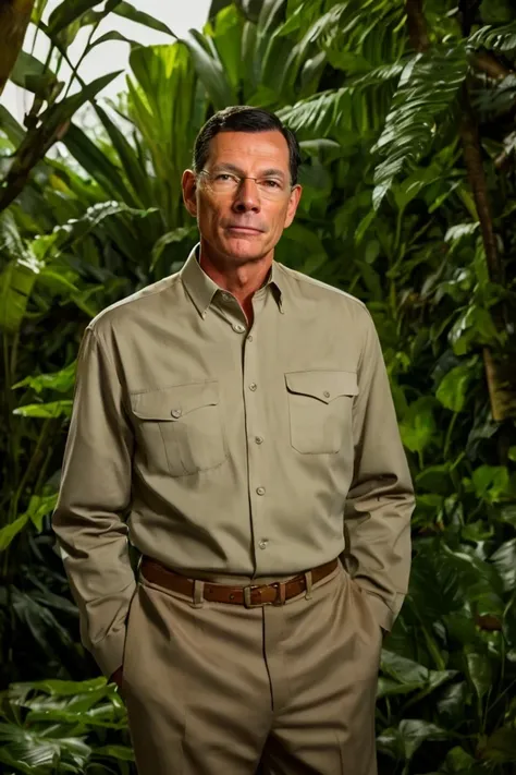 john barrasso <lora:senate_099_john_barrasso:0.65> , face closeup, face focus, shirt, formal, suit, collared shirt, white shirt, jacket,
Wearing a safari outfit with pith helmet, standing in a jungle setting,
best quality, masterpiece, HDR, professional, studio quality, highres,