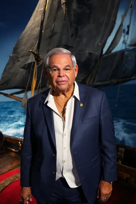bob menendez <lora:senate_059_bob_menendez:0.65> , face closeup, face focus, shirt, formal, suit, collared shirt, white shirt, jacket,
Clad in a pirate outfit with an eyepatch, standing on a pirate ship with a Jolly Roger flag in the background, "Treasury Hunt",
best quality, masterpiece, HDR, professional, studio quality, highres,