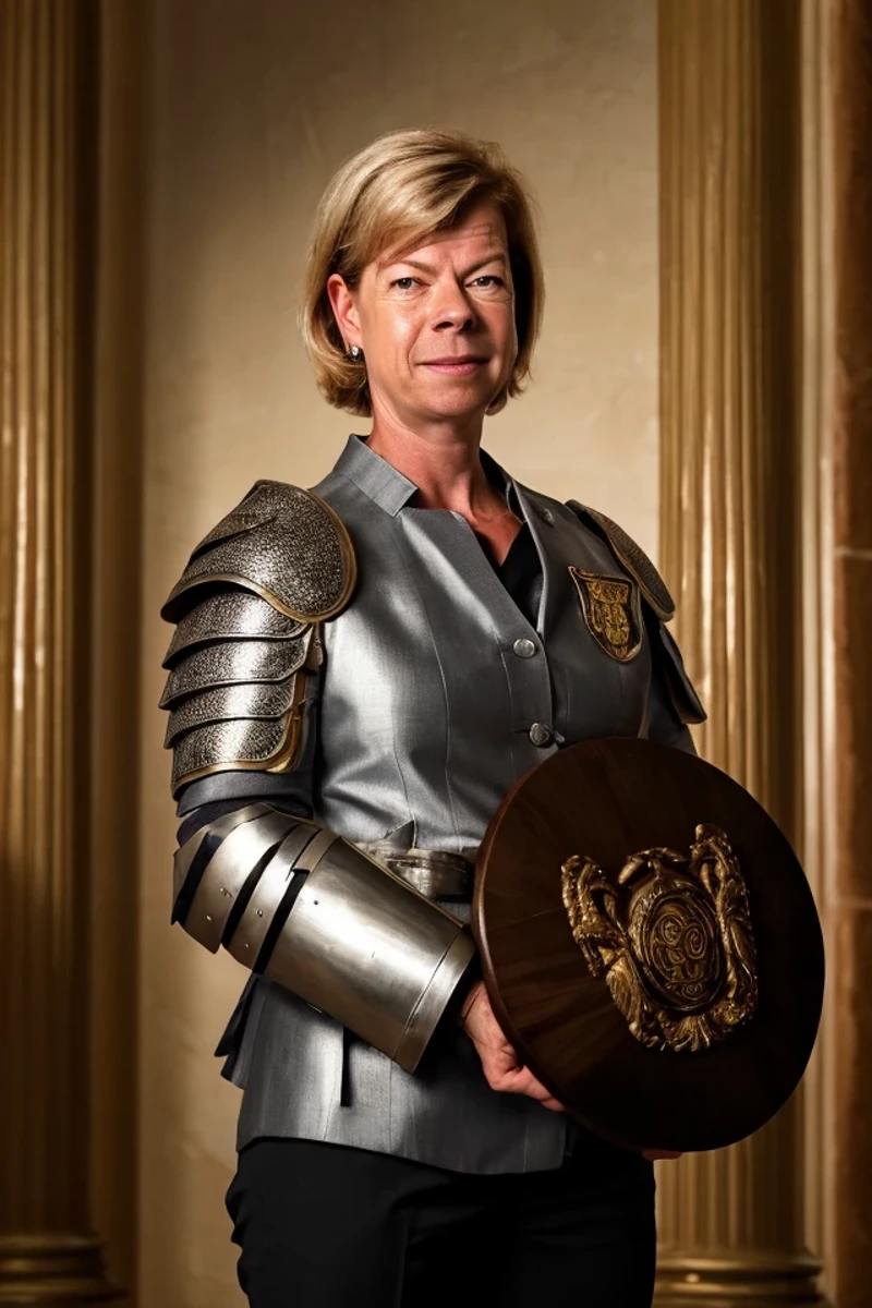 tammy baldwin <lora:senate_098_tammy_baldwin:0.65> , face closeup, face focus, shirt, formal, suit, collared shirt, white shirt, jacket,
Wearing gladiator armor, standing in a Roman-style coliseum, holding a sword and shield with the Senate emblem on it,
best quality, masterpiece, HDR, professional, studio quality, highres,