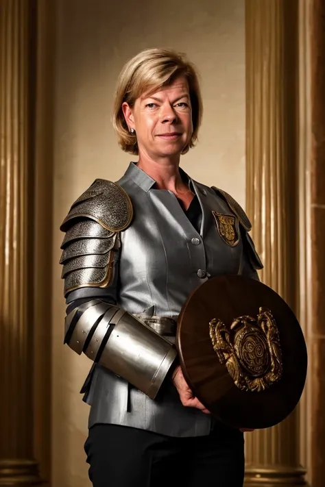 tammy baldwin <lora:senate_098_tammy_baldwin:0.65> , face closeup, face focus, shirt, formal, suit, collared shirt, white shirt, jacket,
Wearing gladiator armor, standing in a Roman-style coliseum, holding a sword and shield with the Senate emblem on it,
best quality, masterpiece, HDR, professional, studio quality, highres,
