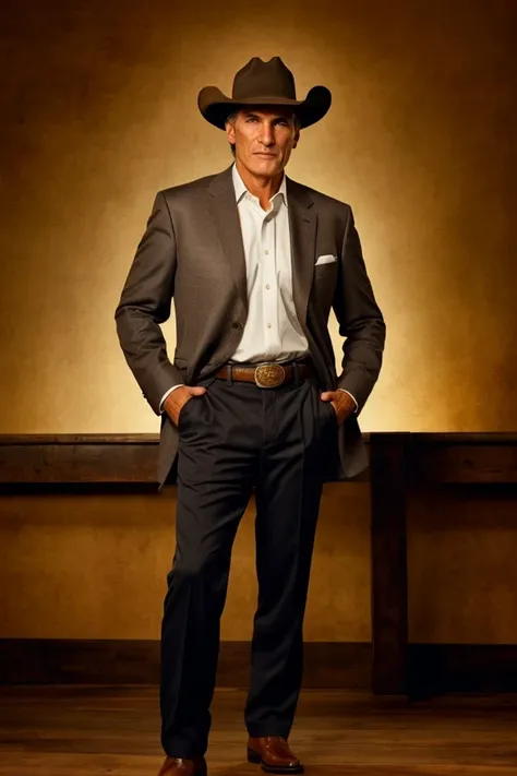 joe manchin <lora:senate_095_joe_manchin:0.65> , face closeup, face focus, shirt, formal, suit, collared shirt, white shirt, jacket,
Dressed in cowboy attire with a ten-gallon hat and cowboy boots, standing in front of a Western saloon, lasso or branding iron,
best quality, masterpiece, HDR, professional, studio quality, highres,