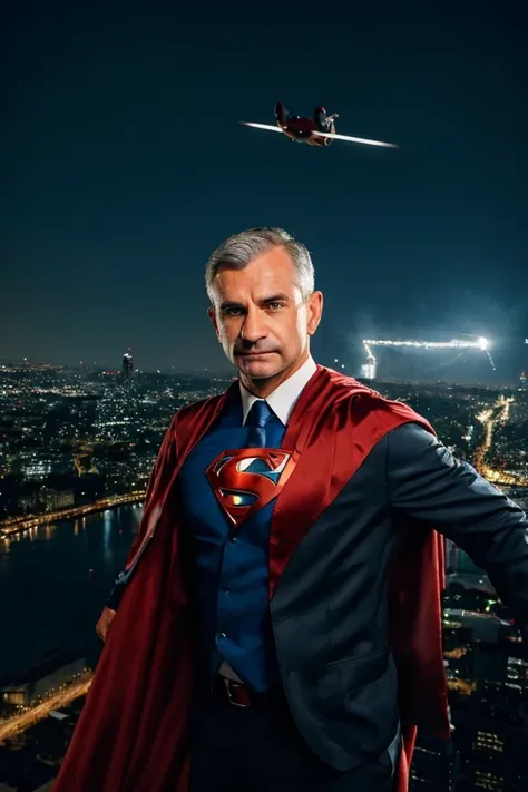 jack reed <lora:senate_077_jack_reed:0.65> , face closeup, face focus, shirt, formal, suit, collared shirt, white shirt, jacket,
Wearing a superhero costume with a giant "S" on the chest, flying above a city skyline with a cape flowing behind them,
best quality, masterpiece, HDR, professional, studio quality, highres,