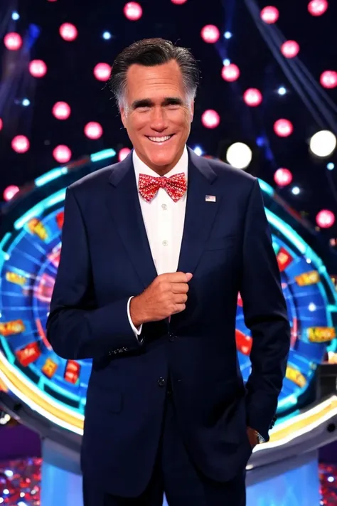 mitt romney <lora:senate_088_mitt_romney:0.65> , face closeup, face focus, shirt, formal, suit, collared shirt, white shirt, jacket,
Dressed in a flashy game show host outfit with a bow tie and sparkly jacket, standing on a game show set, spinning a large prize wheel,
best quality, masterpiece, HDR, professional, studio quality, highres,