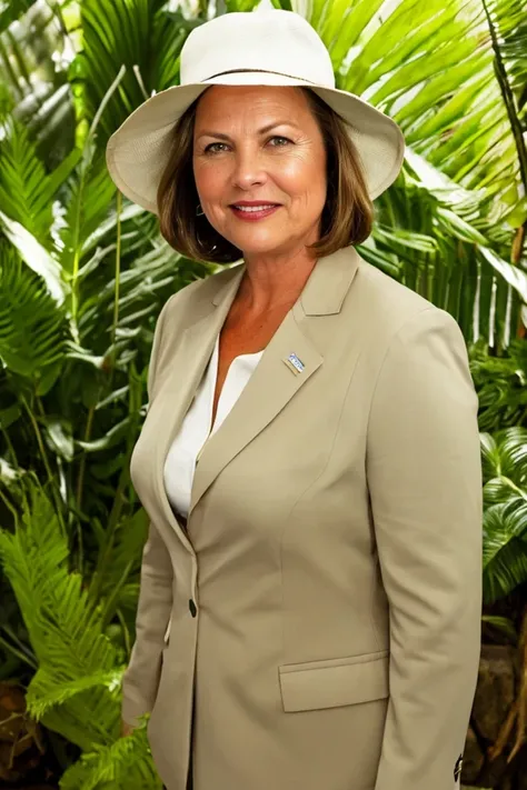 jeanne shaheen <lora:senate_057_jeanne_shaheen:0.65> , face closeup, face focus, shirt, formal, suit, collared shirt, white shirt, jacket,
Wearing a safari outfit with pith helmet, standing in a jungle setting,
best quality, masterpiece, HDR, professional, studio quality, highres,