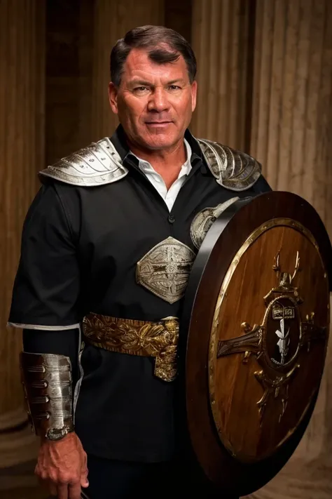 mike rounds <lora:senate_082_mike_rounds:0.65> , face closeup, face focus, shirt, formal, suit, collared shirt, white shirt, jacket,
Wearing gladiator armor, standing in a Roman-style coliseum, holding a sword and shield with the Senate emblem on it,
best quality, masterpiece, HDR, professional, studio quality, highres,