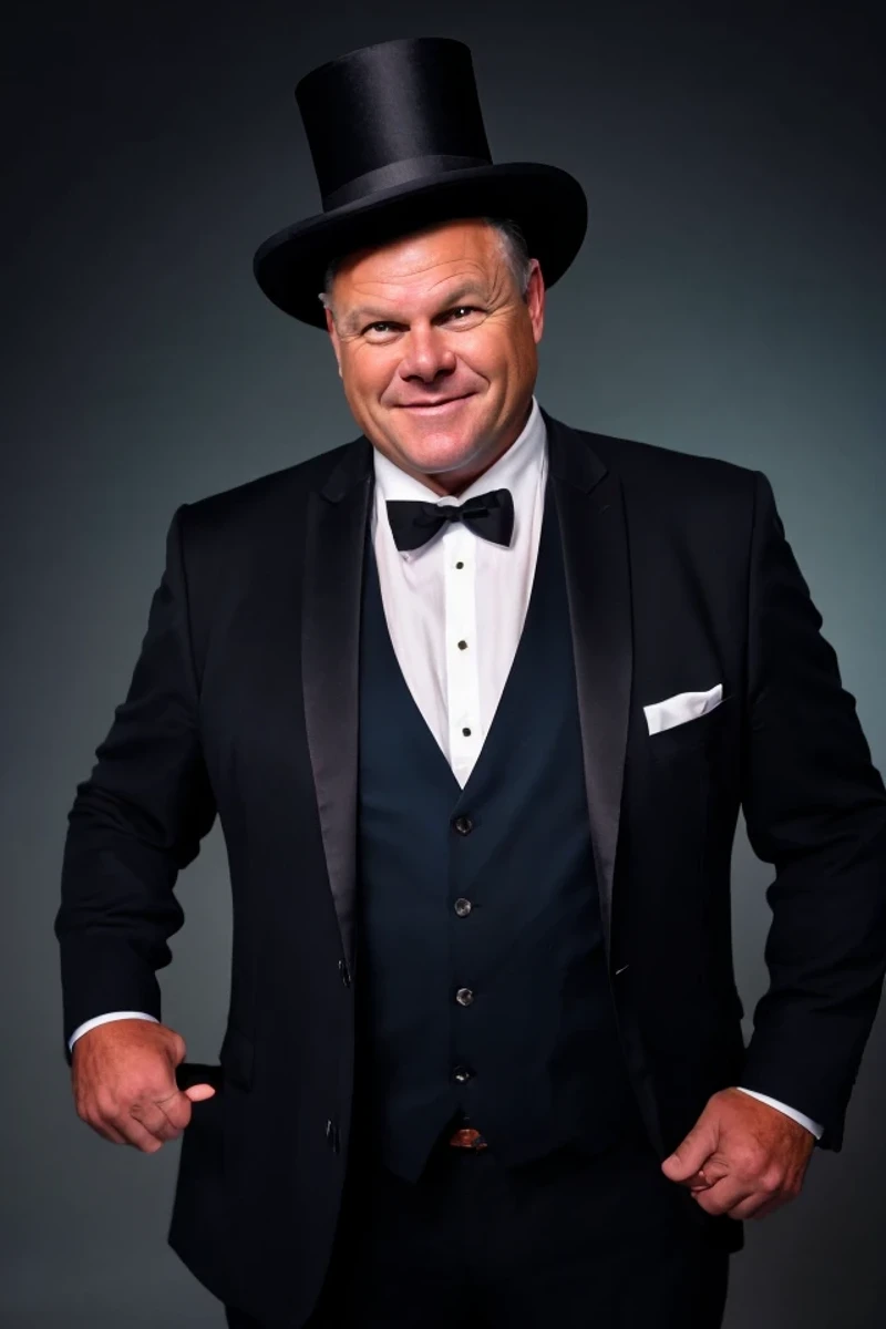 jon tester <lora:senate_051_jon_tester:0.65> , face closeup, face focus, shirt, formal, suit, collared shirt, white shirt, jacket,
Dressed in a magician's outfit with a top hat, standing in front of a stage, rabbit out of a hat,
best quality, masterpiece, HDR, professional, studio quality, highres,