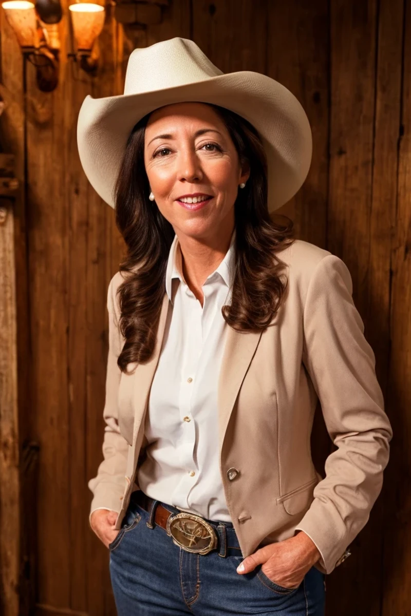 maria cantwell <lora:senate_094_maria_cantwell:0.65> , face closeup, face focus, shirt, formal, suit, collared shirt, white shirt, jacket,
Dressed in cowboy attire with a ten-gallon hat and cowboy boots, standing in front of a Western saloon, lasso or branding iron,
best quality, masterpiece, HDR, professional, studio quality, highres,