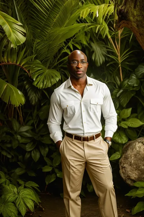 raphael warnock <lora:senate_020_raphael_warnock:0.65> , face closeup, face focus, shirt, formal, suit, collared shirt, white shirt, jacket,
Wearing a safari outfit with pith helmet, standing in a jungle setting,
best quality, masterpiece, HDR, professional, studio quality, highres,