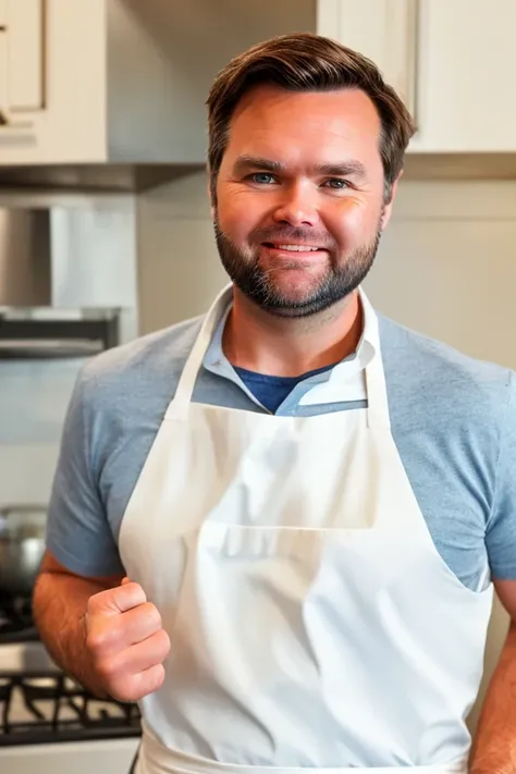 j. d. vance <lora:senate_070_j._d._vance:0.65> , face closeup, face focus, shirt, formal, suit, collared shirt, white shirt, jacket,
wearing a chef hat and apron, with a kitchen in the background,
best quality, masterpiece, HDR, professional, studio quality, highres,