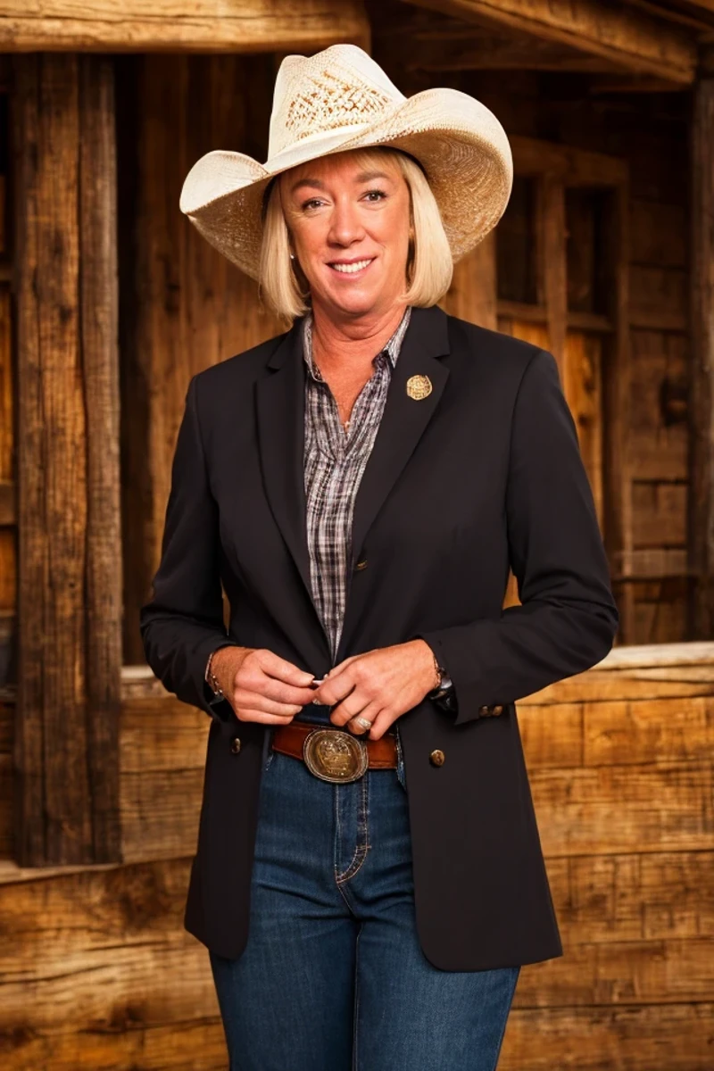 patty murray <lora:senate_093_patty_murray:0.65> , face closeup, face focus, shirt, formal, suit, collared shirt, white shirt, jacket,
Dressed in cowboy attire with a ten-gallon hat and cowboy boots, standing in front of a Western saloon, lasso or branding iron,
best quality, masterpiece, HDR, professional, studio quality, highres,