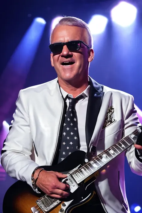 dan sullivan <lora:politician_004_dan_sullivan:0.65> face closeup, face focus, shirt, formal, suit, collared shirt, white shirt, jacket,
Senate Rockstar: Dressed in leather pants, a rock band t-shirt, and sunglasses, holding an electric guitar on a stage with flashing lights and a cheering crowd in the background,
best quality, masterpiece, HDR, professional, studio quality, highres,