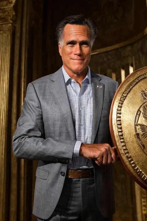 mitt romney <lora:senate_088_mitt_romney:0.65> , face closeup, face focus, shirt, formal, suit, collared shirt, white shirt, jacket,
Wearing gladiator armor, standing in a Roman-style coliseum, holding a sword and shield with the Senate emblem on it,
best quality, masterpiece, HDR, professional, studio quality, highres,