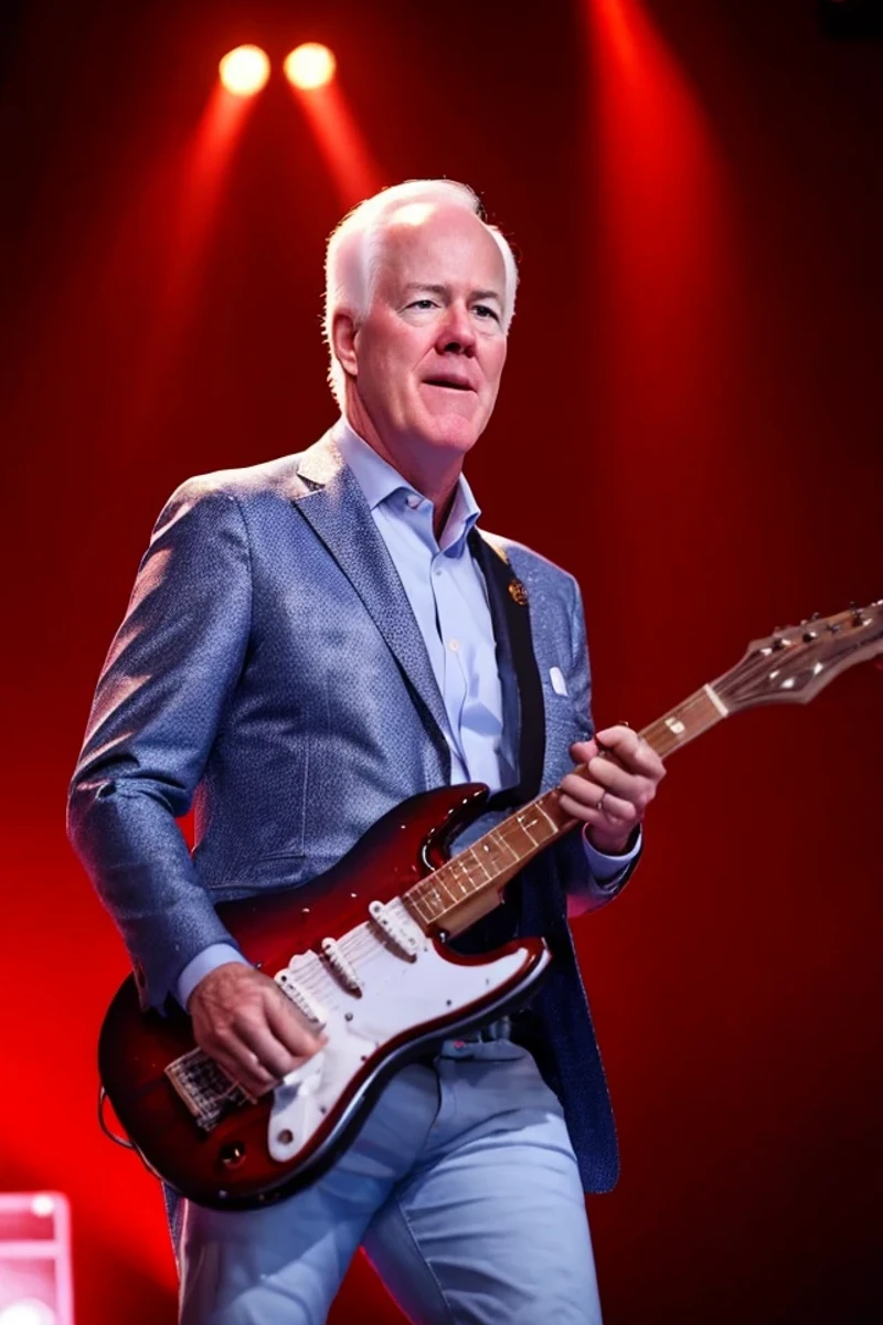 john cornyn <lora:senate_085_john_cornyn:0.65> , face closeup, face focus, shirt, formal, suit, collared shirt, white shirt, jacket,
Senate Rockstar: Dressed in leather pants, a rock band t-shirt, and sunglasses, holding an electric guitar on a stage with flashing lights and a cheering crowd in the background,
best quality, masterpiece, HDR, professional, studio quality, highres,