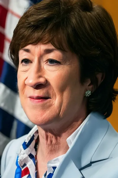 susan collins <lora:senate_037_susan_collins:0.65> , face closeup, face focus, shirt, formal, suit, collared shirt, white shirt, jacket,
American flag at background ,
best quality, masterpiece, HDR, professional, studio quality, highres,