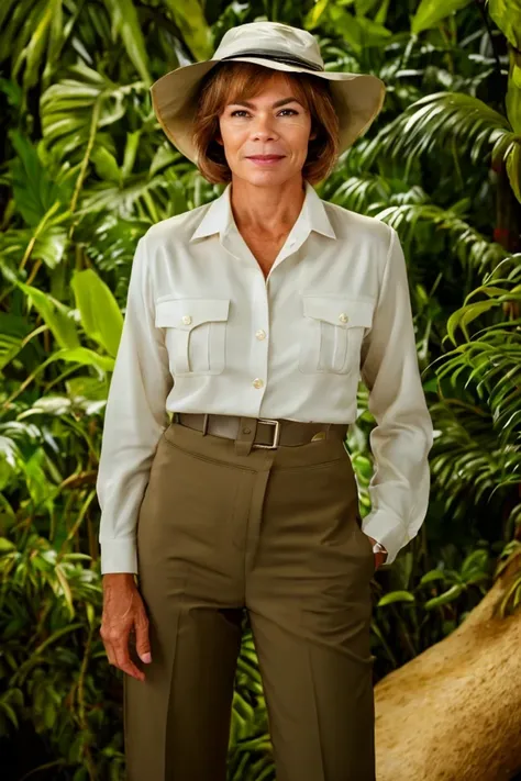 tina smith <lora:senate_046_tina_smith:0.65> , face closeup, face focus, shirt, formal, suit, collared shirt, white shirt, jacket,
Wearing a safari outfit with pith helmet, standing in a jungle setting,
best quality, masterpiece, HDR, professional, studio quality, highres,