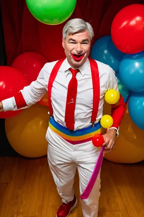 sheldon whitehouse <lora:senate_078_sheldon_whitehouse:0.65> , face closeup, face focus, shirt, formal, suit, collared shirt, white shirt, jacket,
Dressed in full clown regalia, with a red nose, oversized shoes, and rainbow suspenders, juggling several large balls,
best quality, masterpiece, HDR, professional, studio quality, highres,