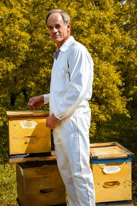 tom carper <lora:senate_015_tom_carper:0.65> , face closeup, face focus, shirt, formal, suit, collared shirt, white shirt, jacket,
Wearing a beekeeper suit, standing in an apiary with bee hives around, holding a giant honeycomb, "Honey Pot Funds",
best quality, masterpiece, HDR, professional, studio quality, highres,