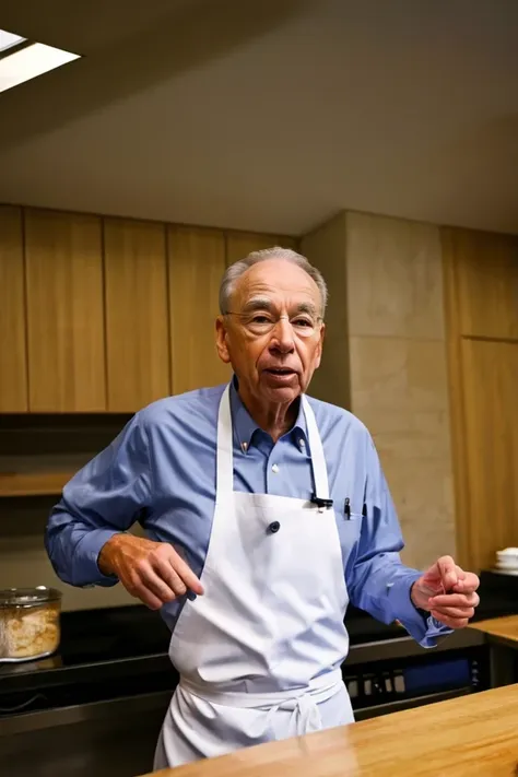 chuck grassley <lora:senate_029_chuck_grassley:0.65> , face closeup, face focus, shirt, formal, suit, collared shirt, white shirt, jacket,
wearing a chef hat and apron, with a kitchen in the background,
best quality, masterpiece, HDR, professional, studio quality, highres,