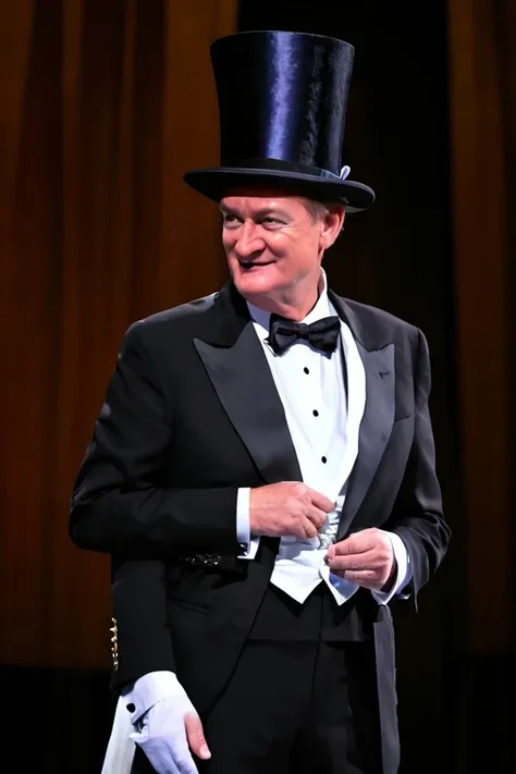 mike crapo <lora:senate_023_mike_crapo:0.65> , face closeup, face focus, shirt, formal, suit, collared shirt, white shirt, jacket,
Dressed in a magician's outfit with a top hat, standing in front of a stage,  rabbit out of a hat,
best quality, masterpiece, HDR, professional, studio quality, highres,