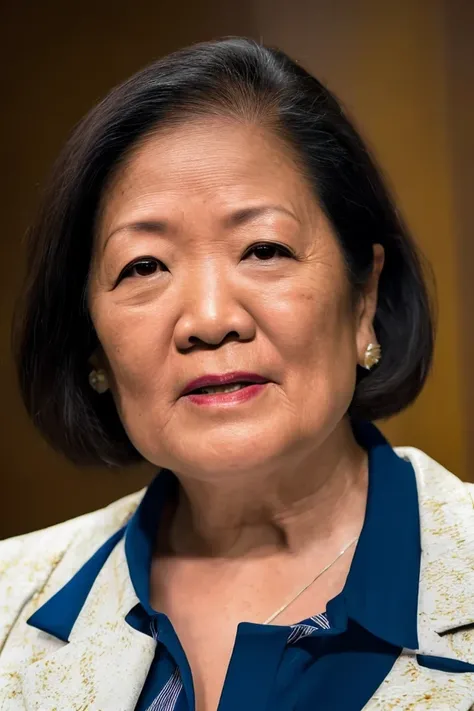 mazie hirono <lora:senate_022_mazie_hirono:0.65> , face closeup, face focus, shirt, formal, suit, collared shirt, white shirt, jacket,
American flag at background ,
best quality, masterpiece, HDR, professional, studio quality, highres,