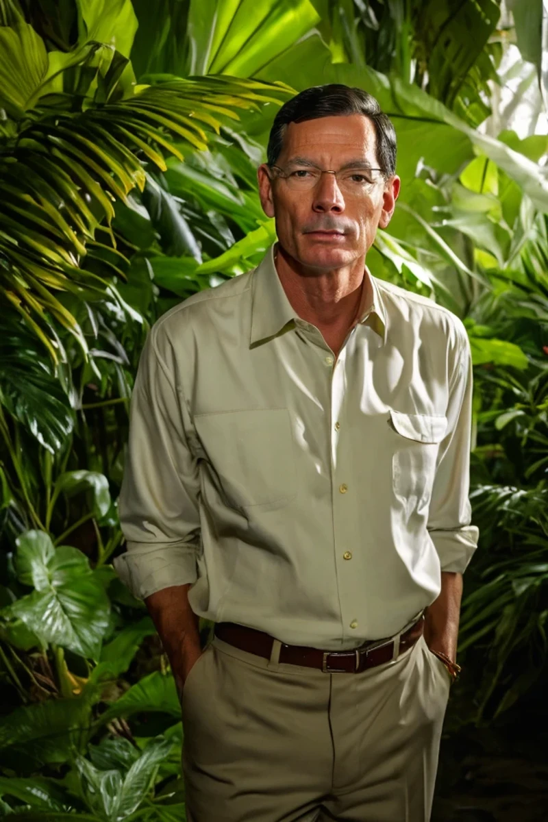 john barrasso <lora:senate_099_john_barrasso:0.65> , face closeup, face focus, shirt, formal, suit, collared shirt, white shirt, jacket,
Wearing a safari outfit with pith helmet, standing in a jungle setting,
best quality, masterpiece, HDR, professional, studio quality, highres,
