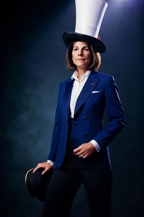 catherine cortez masto <lora:senate_055_catherine_cortez_masto:0.65> , face closeup, face focus, shirt, formal, suit, collared shirt, white shirt, jacket,
Dressed in a magician's outfit with a top hat, standing in front of a stage,  rabbit out of a hat,
best quality, masterpiece, HDR, professional, studio quality, highres,