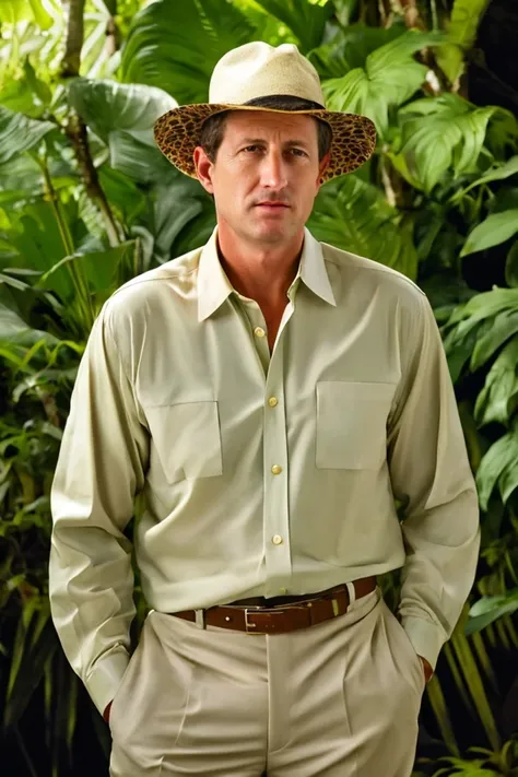 john kennedy <lora:senate_036_john_kennedy:0.65> , face closeup, face focus, shirt, formal, suit, collared shirt, white shirt, jacket,
Wearing a safari outfit with pith helmet, standing in a jungle setting,
best quality, masterpiece, HDR, professional, studio quality, highres,