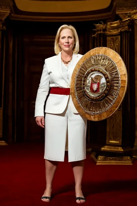 kirsten gillibrand <lora:senate_064_kirsten_gillibrand:0.65> , face closeup, face focus, shirt, formal, suit, collared shirt, white shirt, jacket,
Wearing gladiator armor, standing in a Roman-style coliseum, holding a sword and shield with the Senate emblem on it,
best quality, masterpiece, HDR, professional, studio quality, highres,