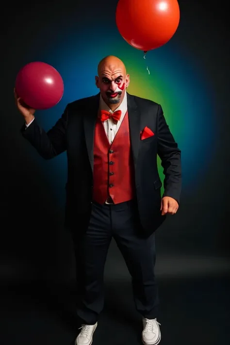 john fetterman <lora:senate_076_john_fetterman:0.65> , face closeup, face focus, shirt, formal, suit, collared shirt, white shirt, jacket,
Dressed in full clown regalia, with a red nose, oversized shoes, and rainbow suspenders, juggling several large balls,
best quality, masterpiece, HDR, professional, studio quality, highres,