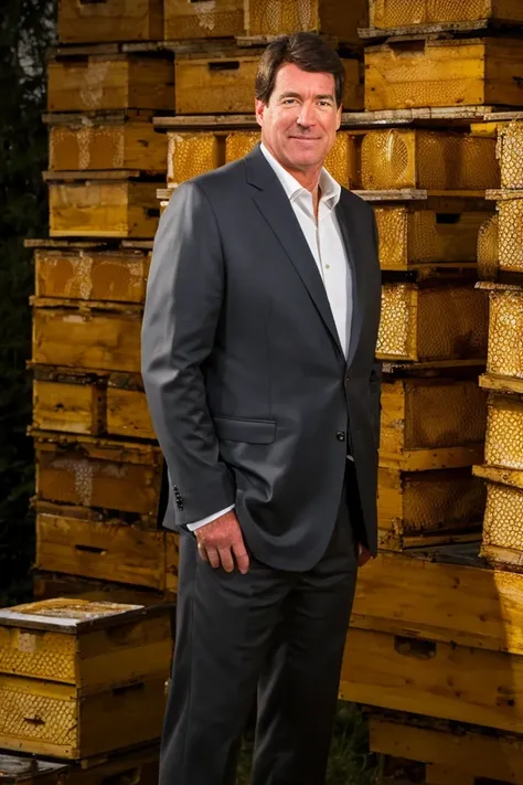 bill hagerty <lora:senate_084_bill_hagerty:0.65> , face closeup, face focus, shirt, formal, suit, collared shirt, white shirt, jacket,
Wearing a beekeeper suit, standing in an apiary with bee hives around, holding a giant honeycomb, "Honey Pot Funds",
best quality, masterpiece, HDR, professional, studio quality, highres,