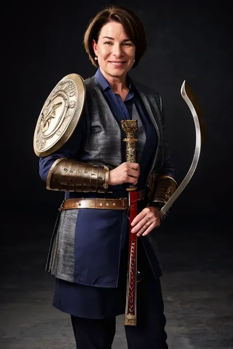 amy klobuchar <lora:senate_045_amy_klobuchar:0.65> , face closeup, face focus, shirt, formal, suit, collared shirt, white shirt, jacket,
Wearing gladiator armor, standing in a Roman-style coliseum, holding a sword and shield with the Senate emblem on it,
best quality, masterpiece, HDR, professional, studio quality, highres,