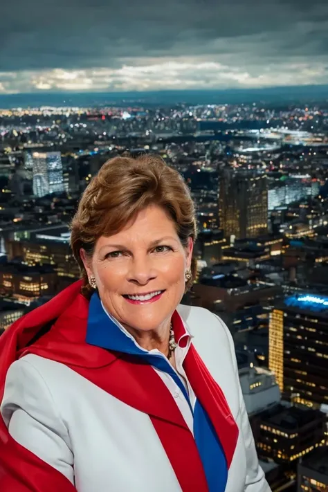 jeanne shaheen <lora:senate_057_jeanne_shaheen:0.65> , face closeup, face focus, shirt, formal, suit, collared shirt, white shirt, jacket,
Wearing a superhero costume with a giant "S" on the chest, flying above a city skyline with a cape flowing behind them,
best quality, masterpiece, HDR, professional, studio quality, highres,