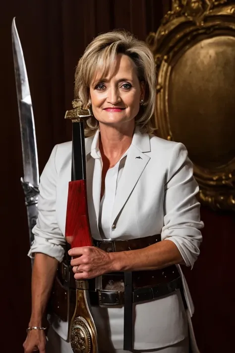 cindy hyde-smith <lora:senate_048_cindy_hyde-smith:0.65> , face closeup, face focus, shirt, formal, suit, collared shirt, white shirt, jacket,
Wearing gladiator armor, standing in a Roman-style coliseum, holding a sword and shield with the Senate emblem on it,
best quality, masterpiece, HDR, professional, studio quality, highres,