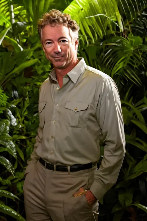 rand paul <lora:senate_034_rand_paul:0.65> , face closeup, face focus, shirt, formal, suit, collared shirt, white shirt, jacket,
Wearing a safari outfit with pith helmet, standing in a jungle setting,
best quality, masterpiece, HDR, professional, studio quality, highres,
