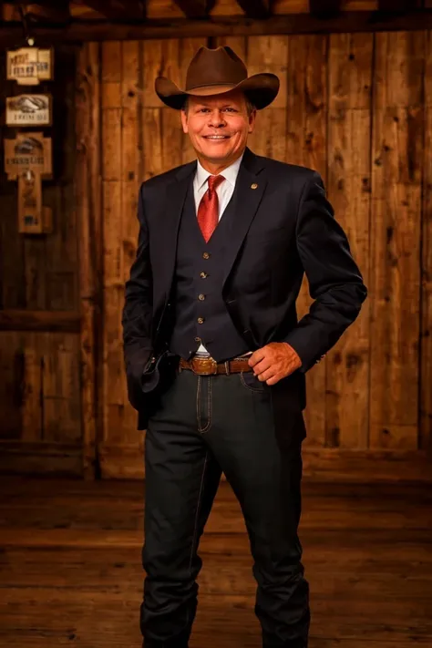 steve daines <lora:senate_052_steve_daines:0.65> , face closeup, face focus, shirt, formal, suit, collared shirt, white shirt, jacket,
Dressed in cowboy attire with a ten-gallon hat and cowboy boots, standing in front of a Western saloon, lasso or branding iron,
best quality, masterpiece, HDR, professional, studio quality, highres,